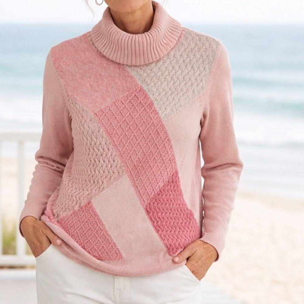 Liz Clairborne XL Pink White Color Block Cable Knit Turtleneck Gorpcore Preppy